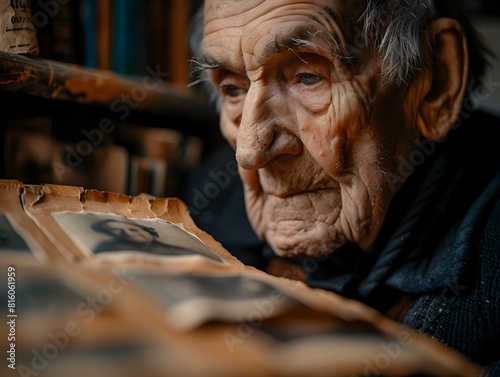 Elderly Man Reflecting on Old Photographs Bittersweet Smile on His Face Capturing the Poignant Emotions and Experiences of a Life Well Lived