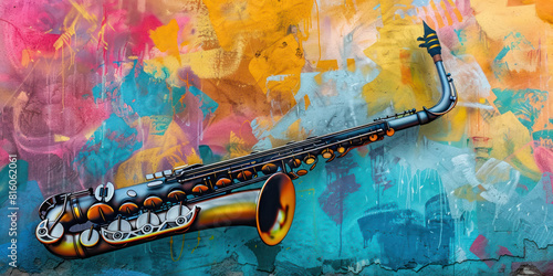 Saxophone painted with airbrush on colorful wall on the street, street art