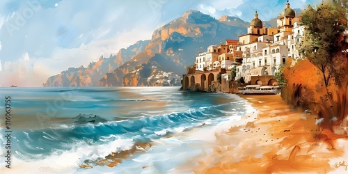Acrylic painting of Amalfi Coast capturing Mediterranean beauty and coastal charm. Concept Acrylic Painting, Amalfi Coast, Mediterranean Beauty, Coastal Charm, Art Inspiration