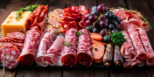 Highend charcuterie platter with a variety of premium meats and cheeses. Concept Luxury Food, Gourmet Charcuterie, Premium Meats, Artisan Cheeses, Exquisite Platter