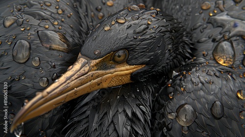  A tight shot of a black bird, adorned with water droplets on its face and neck, boasting a vibrant, yellow beak