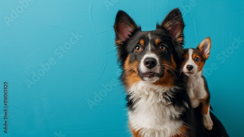  Two dogs pose side by side against a blue backdrop One dog gazes at the camera, while the other directs its attention elsewhere