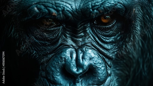  A gorilla's face, with a blue tint on its left eye, in close-up