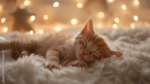  Kitten naps atop fluffy white blanket near Christmas tree, lit with white lights