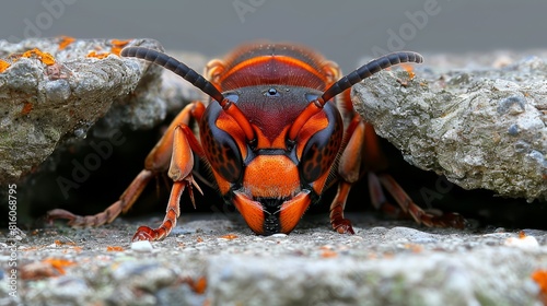  A tight shot of an orange and black insect perched on a rock, its large, expressive eyes open, and its extended tongue in readiness