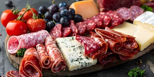 Premium Charcuterie Platter Featuring a Selection of High-Quality Meats and Cheeses. Concept Fine dining experience, Gourmet charcuterie, Artisan cheeses, Culinary craftsmanship,