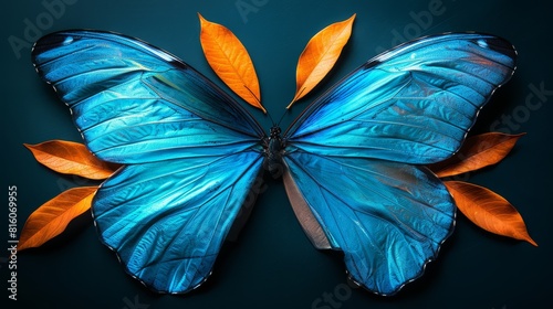  A blue butterfly, its wings adorned with orange leaves, is captured in tight focus against a dark blue backdrop