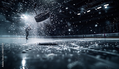 An action-packed moment frozen in time with a hockey puck mid-air, capturing the intensity of the sport