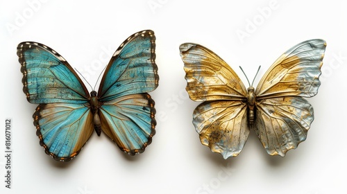  Two butterflies sit side by side on a white surface One is golden, the other blue