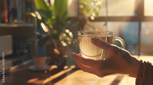 The close up picture of the person is holding the cup of the clear water by their own hand to relax inside the living room for the relaxation near the window that has been shine with sunlight. AIG43.