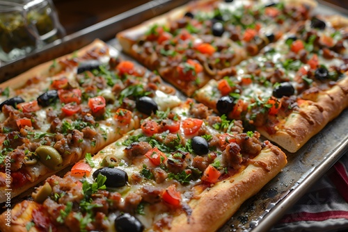 A pizza with a variety of toppings on a baking tray
