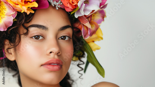 Cultura espanhola, Mês Nacional da Herança Hispânica. Retrato aproximado de uma bela jovem com tiara de flores em fundo branco vazio