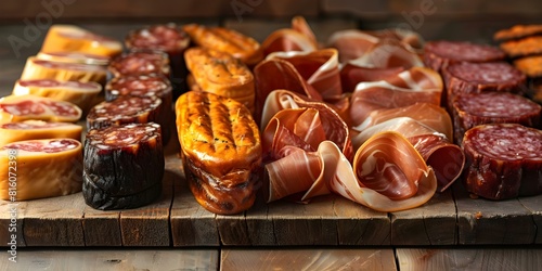 Artisanal charcuterie board featuring assorted smoked meats including rustic prosciutto. Concept Charcuterie, Smoked Meats, Prosciutto, Artisanal, Rustic