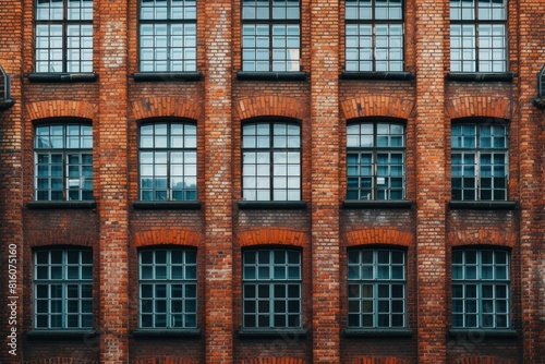 Symmetrical view of old brick building windows with arches, reflecting an industrial past