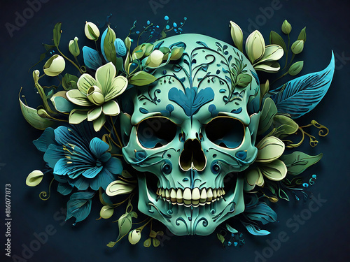 Skull design in a tattoo style with fish and flowers in green and blue on a dark background Generative AI