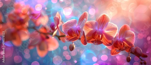 A vibrant and imaginative display of assorted orchid flowers emerging from a galaxythemed backdrop, ideal for modern lifestyle and creative interior designs