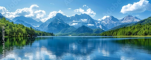 romantic summer landscape with lake and mountains