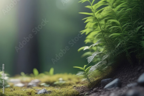 A close-up of young ferns growing in the forest underbrush, captured in soft focus. The image highlights the delicate beauty and resilience of nature