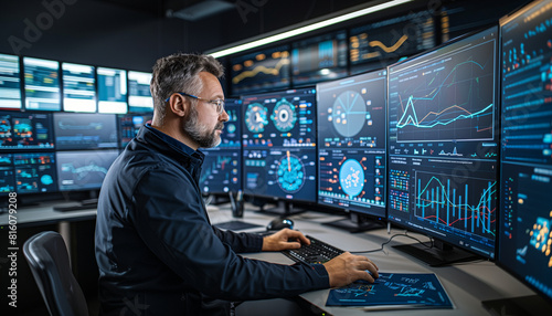 a side view of an IT specialist analyzing threat data on a large central screen, with additional monitors displaying related information, Technology, IT specialist, cybersecurity,