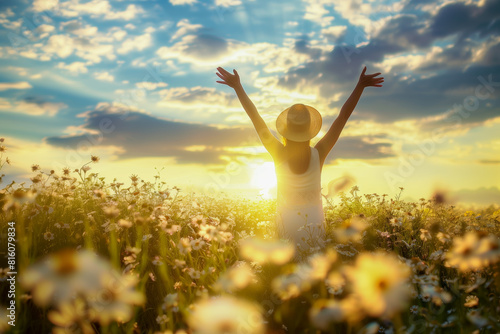 Spring positive greeting card banner with a delightful woman to lift your spirits and believe in the best.