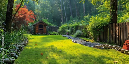 Summer Scene: A Green Backyard with a Doghouse, Trees, Stones, and Wooden Fence. Concept Summer Scene, Green Backyard, Doghouse, Trees, Stones, Wooden Fence