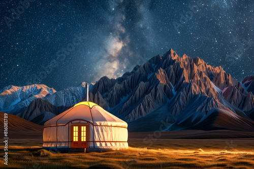 Traditional mongolian yurt at night under the milky way with mountains in the background