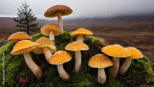 Fly agaric or fly-amanita mushrooms fungi on grass on surface. Magical mashroom, close up of wild mushrooms