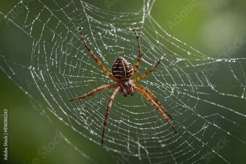 a spider delicately weaving its web, focusing on intricate details of the silk strands