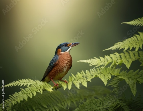 Kingfisher perched on fern in natural habitat with soft, warm lighting.