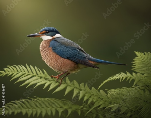 Kingfisher perched on fern in natural habitat with soft, warm lighting.