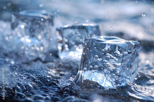 Crystal Clear Ice Cubes on Water Surface