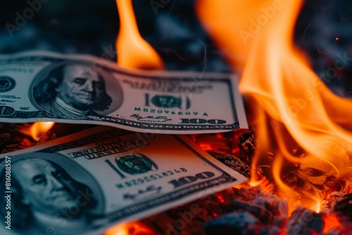 Conceptual image of burning money as a representation of financial loss, waste, and crisis in the economy