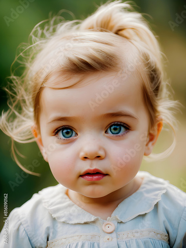 Mała dziewczynka z dużymi, błękitnymi oczami, które przyciągają uwagę swoim intensywnym kolorem. Dziewczynka ma ciemne, brązowe włosy, które delikatnie opadają na jej twarz, i gładką, jasną skórę. 