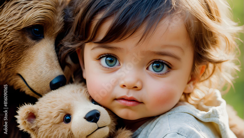 Chłopiec ma duże, błękitne oczy, ciemne włosy i nosi niebieską kurtkę. Misiek, który ma brązowe futro i wyrazisty pyszczek, wygląda bardzo realistycznie. 