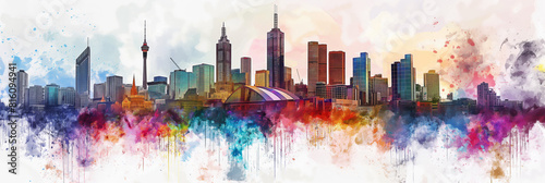 Melbourne. City skyline watercolor art with violet and magenta skyscrapers. Generative AI