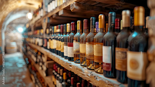 Collection of Various Wines on Wooden Shelves in a Rustic Wine Cellar