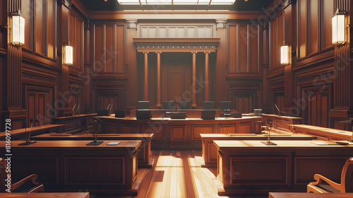 Empty American Style Courtroom Supreme Court of Law and Justice Trial Stand Courthouse Before Civil Case Hearing Starts Grand Wooden Interior with Judges Bench Defendants and Plaintiff : Generative AI