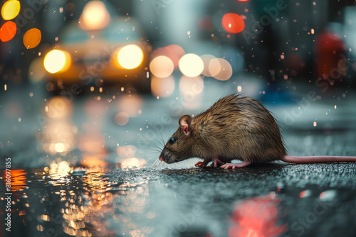 A rat sitting under rain