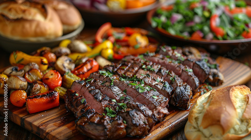 Delicious grilled steak with vegetables on wooden board