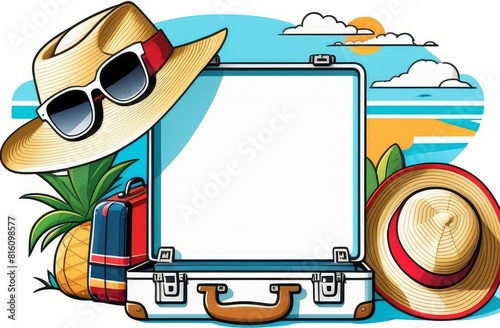 suitcase baggage and summer hat, glosses, passport and all object on white background, tourism baggage object background