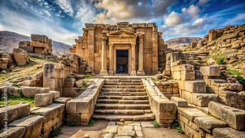 A desolate landscape surrounds an archaeological site, its temple entrance guarded by crumbling stone steps and an open basement door