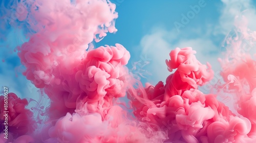 : Immerse yourself in the rich visual tapestry of a stock photo featuring puffs of pink smoke set against a striking blue background.