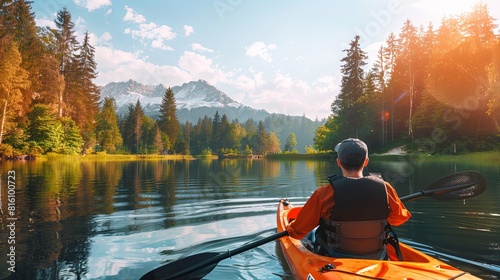 A man in a kayak paddling down a river or lake. The water is calm, the sky is clear. The scene is peaceful and serene. The man is enjoying the beauty of nature. Active recreation concept. Illustration