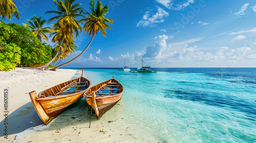 Photo of Maldives, white sand beach with palm trees and traditional wooden boats in the sea on a sunny day, boats ashore, clear blue sky. 