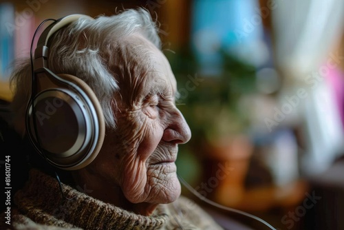 An elderly person enjoying music in headphones, simple pleasures 