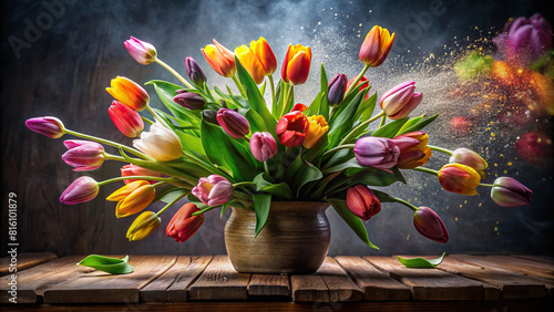 A dramatic photo of a bouquet of tulips, with some flowers appearing lively and others drooping with the weight of time.