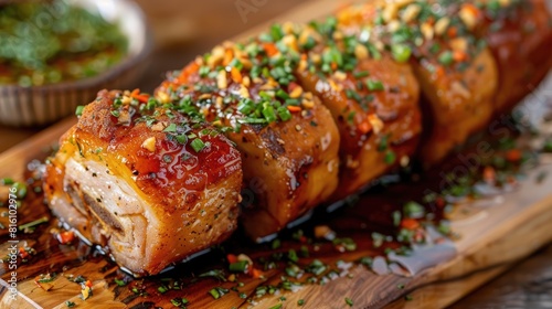 Filipino style crispy pork belly roll served with herbs on a wooden board