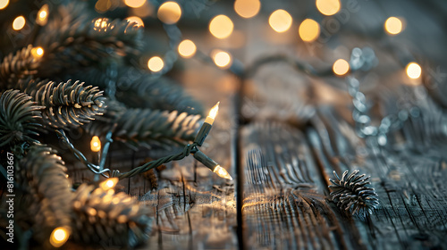 Christmas lights and branches of spruce on wooden surface : Generative AI