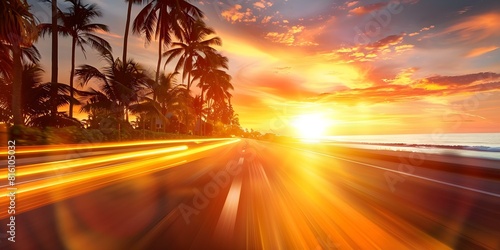 Scenic Coastal Road at Sunset with Blurry Palm Trees - Perfect for Music Album Cover. Concept Sunset Photoshoot, Coastal Road, Blurry Palm Trees, Music Album Cover, Scenic Views