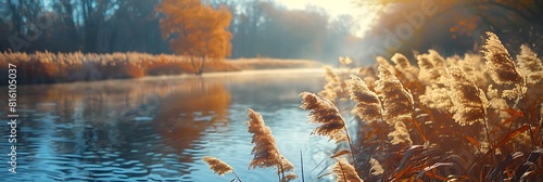 reeds on the river bank in autumn realistic nature and landscape